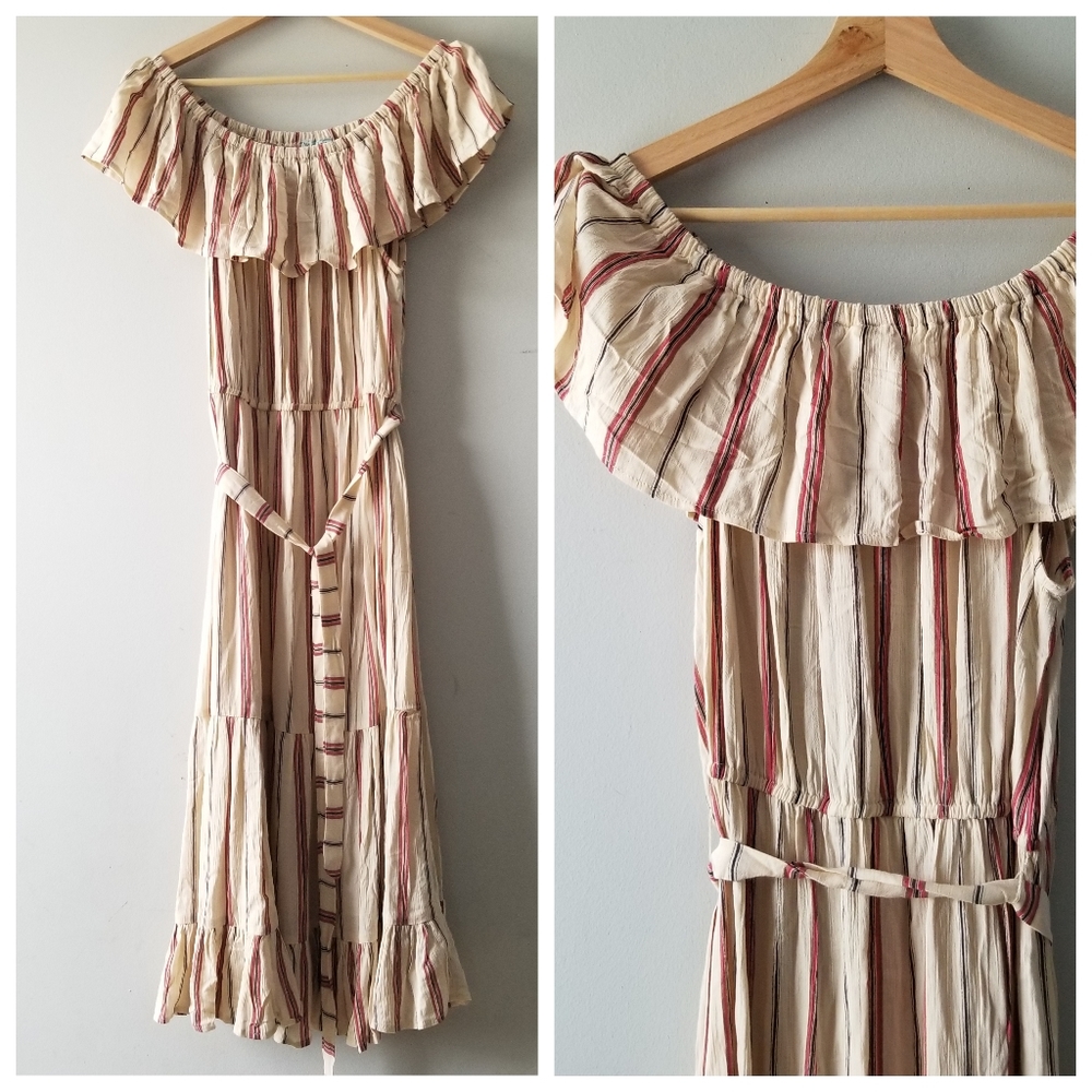 NEW  Nostalgia Striped Ruffle Off The Shoulders Dress Large - Picture 2 of 11